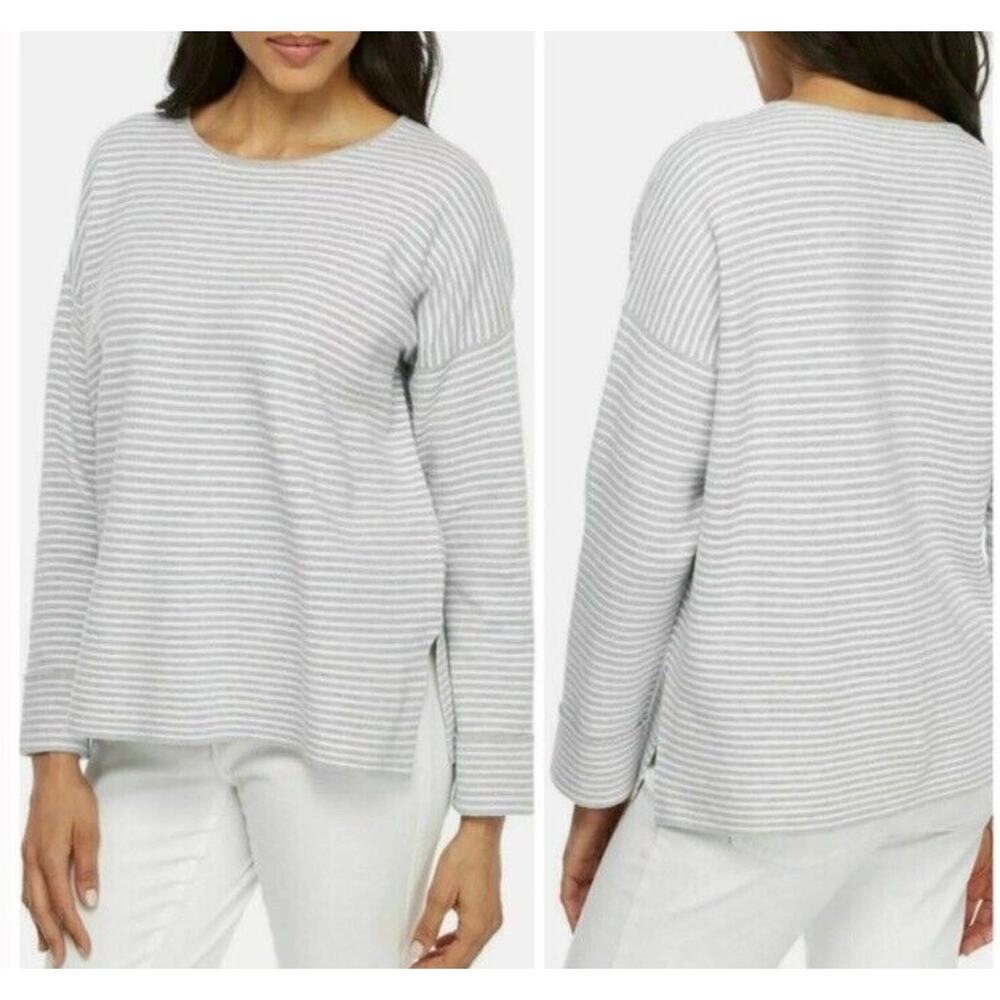Eileen Fisher Women’s Gray Sz PS Striped 70% Organic‎ Cotton/Silk Blend Sweater